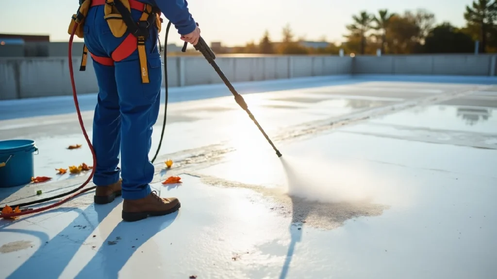 Professional cleaning a TPO commercial roof
