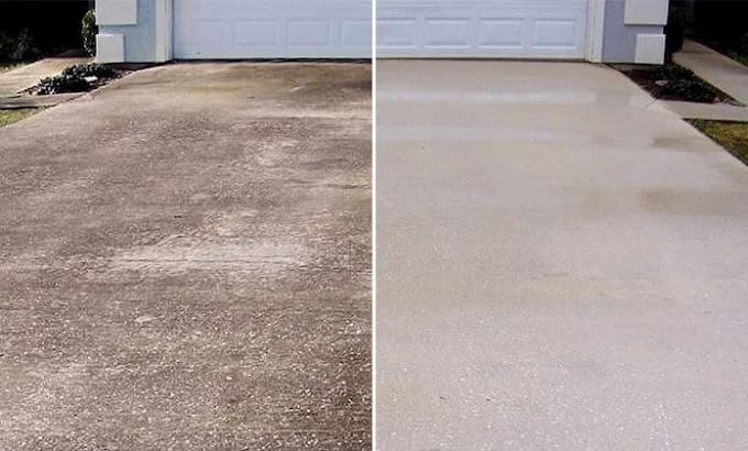 Before and after of concrete driveway cleaning and restoration