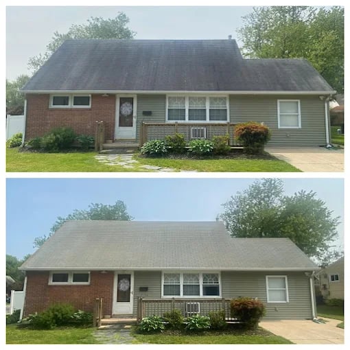 Before and after home exterior with cleaned roof and landscaping